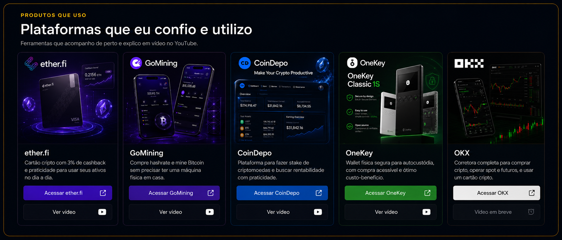 Produtos que Pedro usa: ether.fi, GoMining, CoinDepo, OneKey e OKX, com links oficiais e vídeos explicativos.