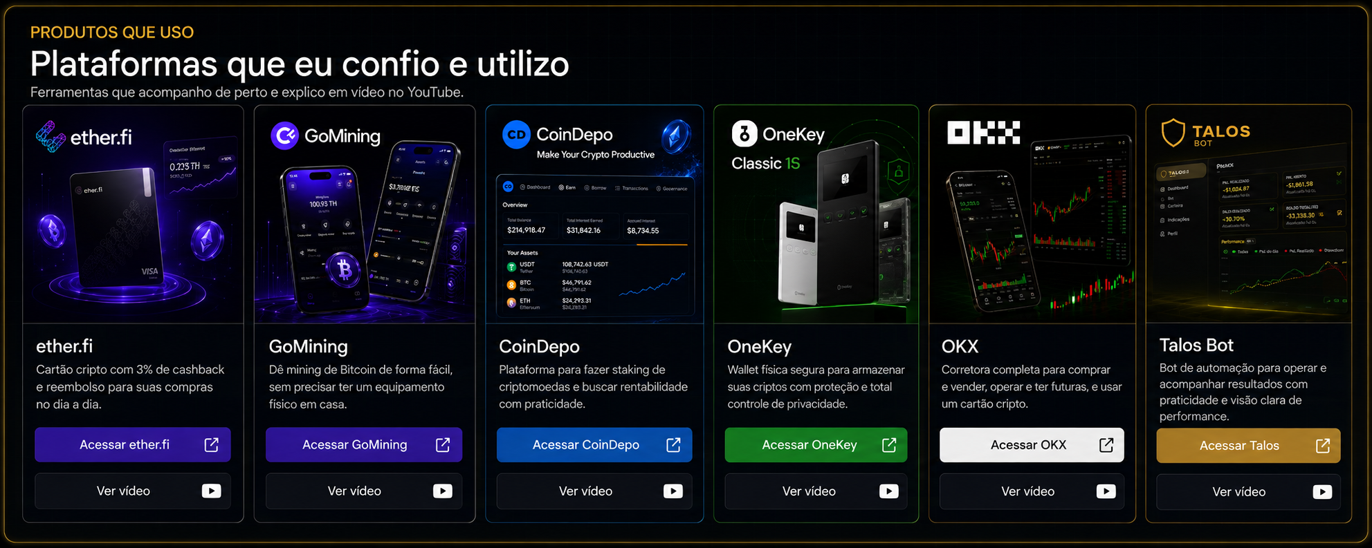 Produtos que Pedro usa: ether.fi, GoMining, CoinDepo, OneKey, OKX e Talos Bot, com links oficiais e vídeos explicativos.